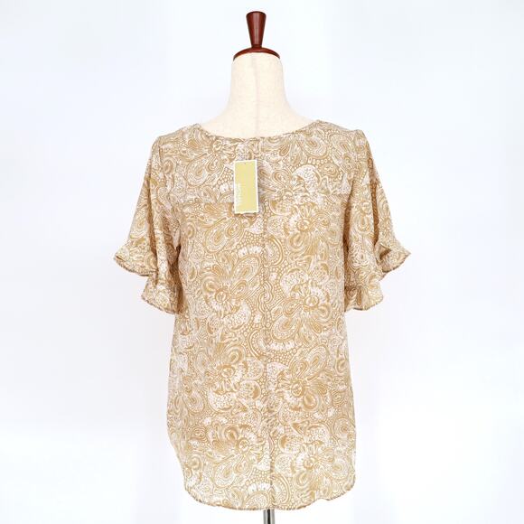 Michael Kors Women Tan Paisley Satin Boho Casual Ruffle Sleeve Blouse Size S - Picture 5 of 6
